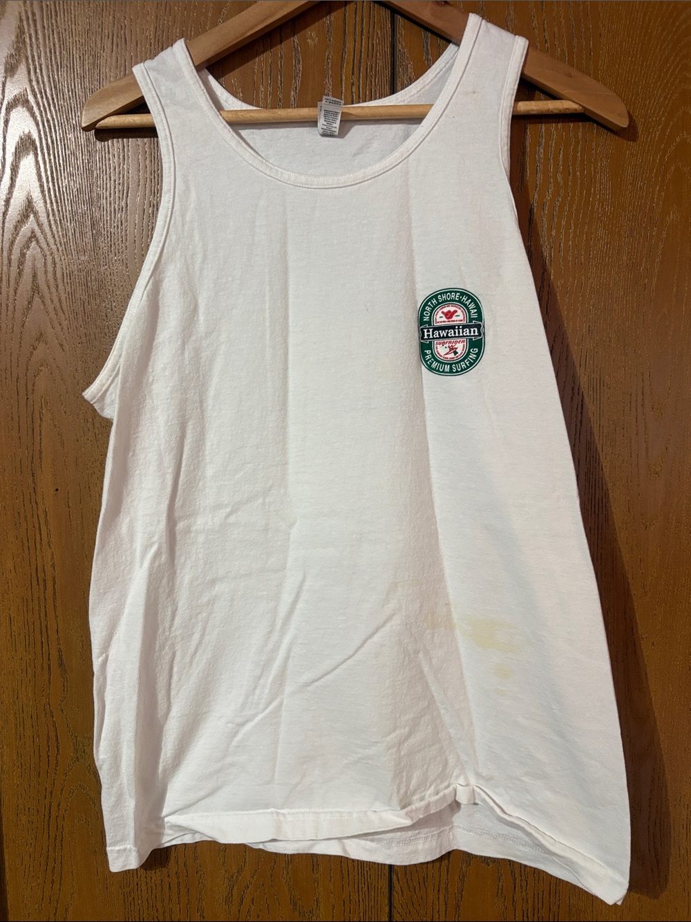Alstyle White Tank Top with Green & Red Hawaiian Logo - with wear nd some stains
